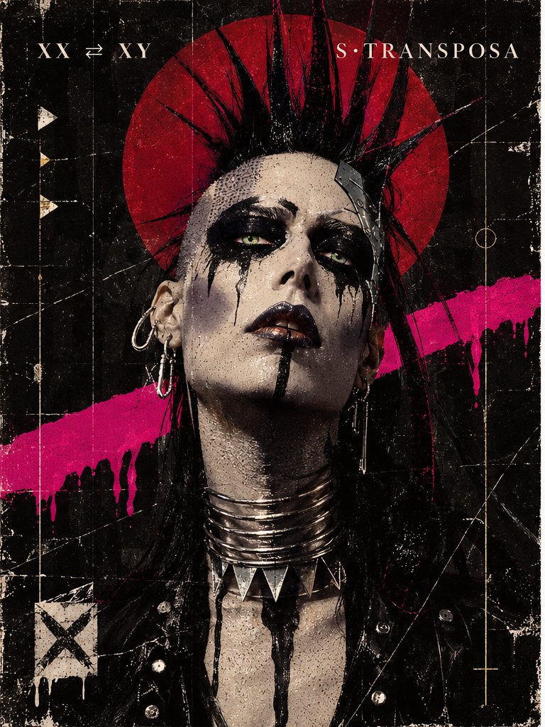 A punk figure with a black spiked mohawk against a red sun, smeared black eye makeup, black lips, a chrome skull plate, hoop earrings and a stacked spiked collar