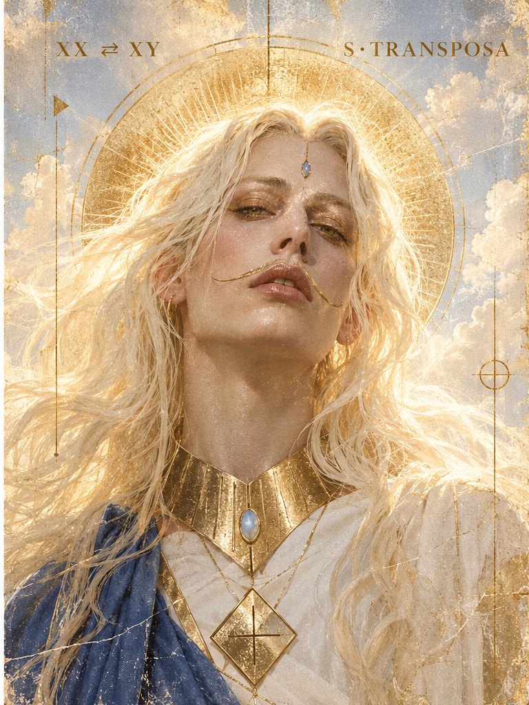 A saint-like figure with long, wind-swept platinum hair, a gold halo and a fine golden moustache, in a white robe with a gold collar and a blue mantle